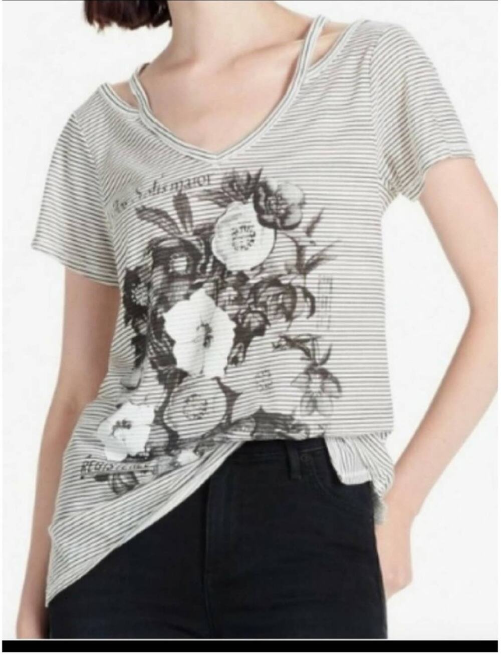 Lucky Brand Cut-Out Shoulders Floral Striped Short Sleeved Top Size XS